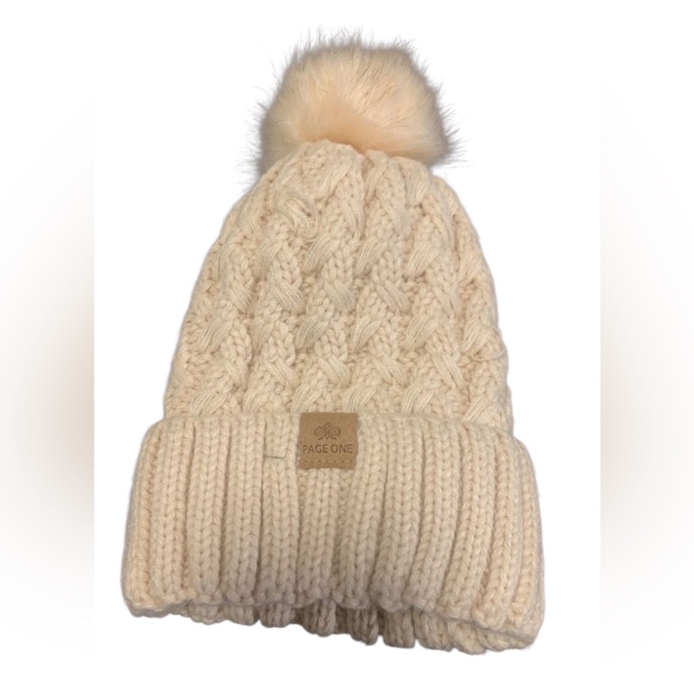 Page One Lined Benie Ribbed Cable Knit Pom Pom cream‎ Size OS